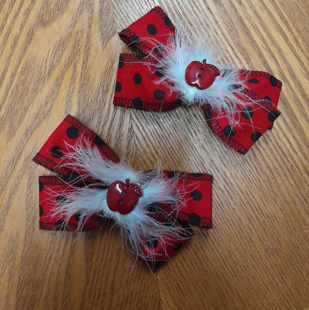 Handmade Charming Red Polka Dot Hair Bows with Apple Accents
